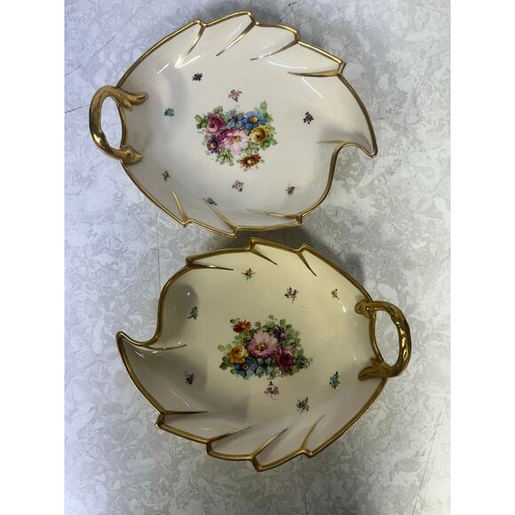 Mid Century Leaf Shaped Floral Gilt Accented Candy or Trinket Dishes-Set of Two - Picture 2 of 5